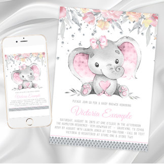 Girl Pink Gray Elephant Diamond Baby Shower Invitation