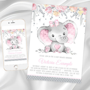 Girl Pink Gray Elephant Diamond Baby Shower Invitation by The_Baby_Boutique at Zazzle