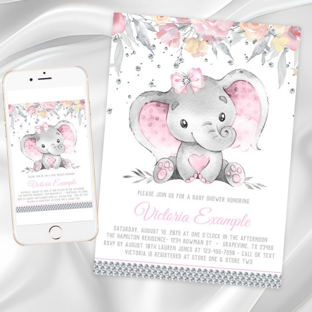 Girl Pink Gray Elephant Diamond Baby Shower Invitation