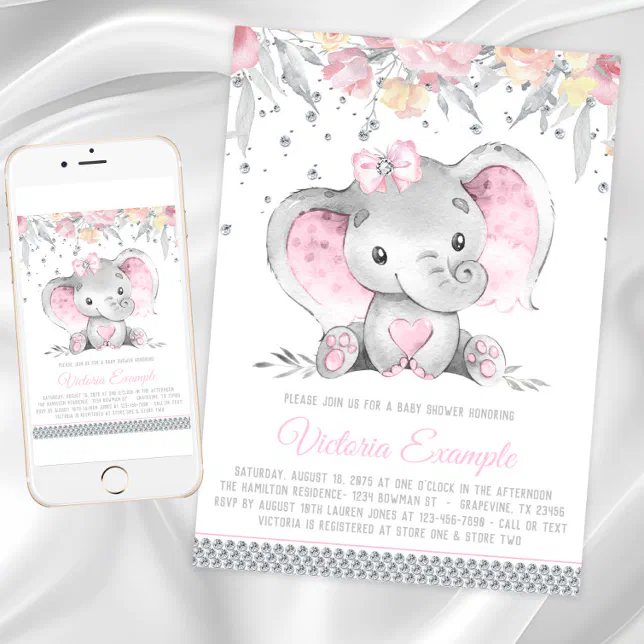 Girl Pink Gray Elephant Diamond Baby Shower Invitation | Zazzle