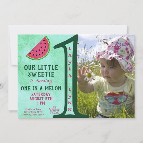 Girl Pink Green One In A Melon 1st Birthday Photo Invitation