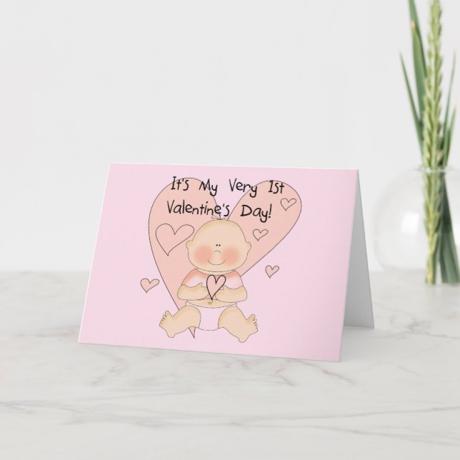 Girl Pink Hearts 1st Valentines Tshirts Holiday Card (Front)