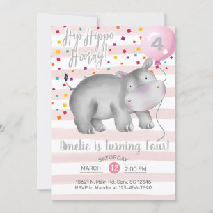 Girl pink hippo birthday invitation, invite. invit invitation
