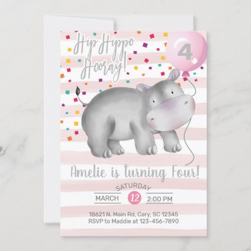 Girl pink hippo birthday invitation invite invit invitation