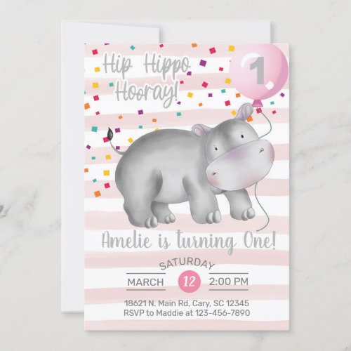 Girl pink hippo birthday invitation invite invitation