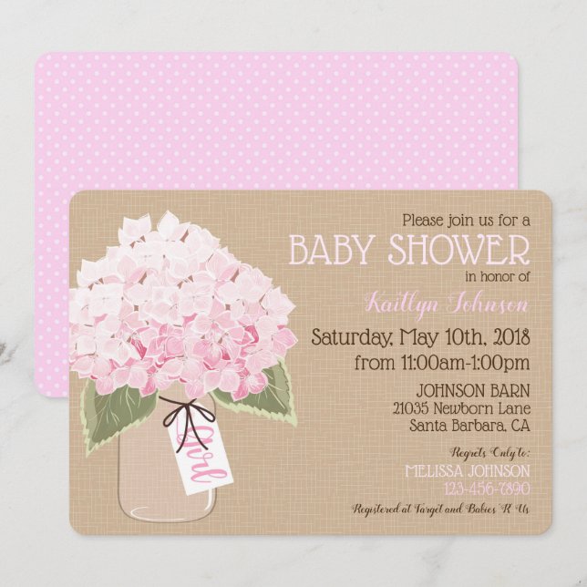 Girl Pink Hydrangea Mason Jar Rustic Baby Shower Invitation (Front/Back)
