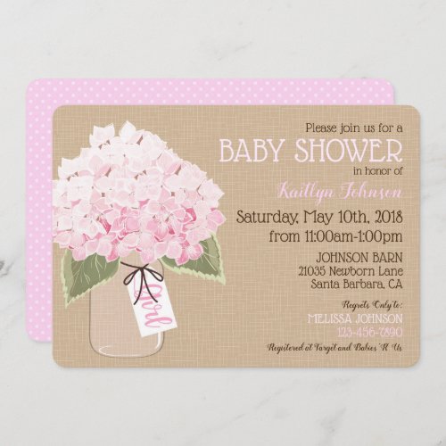 Girl Pink Hydrangea Mason Jar Rustic Baby Shower Invitation