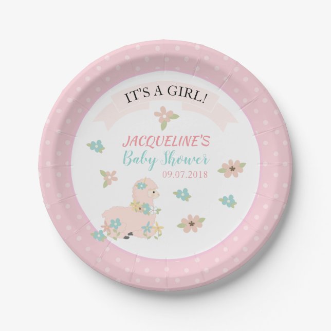 Girl Pink Llama Floral Baby Shower Paper Plates (Front)