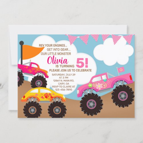 Girl pink monster trucks birthday invitation invitation
