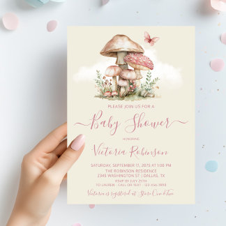 Girl Pink Mushroom Butterfly Baby Shower Invitation