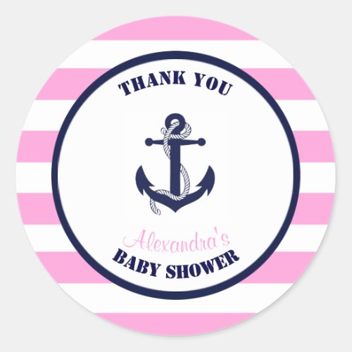 Girl Pink Nautical Baby Shower Thank You Favor Classic Round Sticker