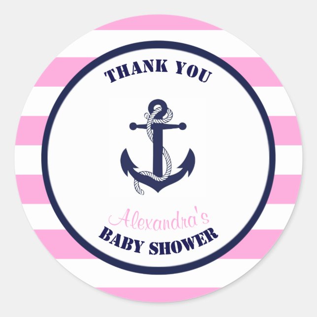 Girl Pink Nautical Baby Shower Thank You Favor Classic Round Sticker (Front)