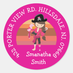 Girl Pink Parrot Pirate Party ADDRESS Classic Ro Round Sticker