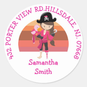 Girl Pink Parrot Pirate Party ADDRESS Classic Roun Classic Round Sticker