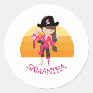Girl Pink Parrot Pirate Party Classic Round Sticker
