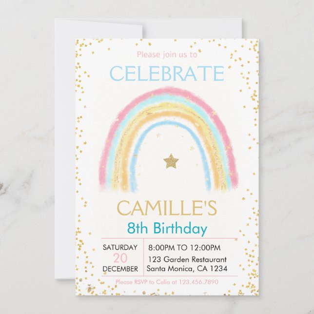 Girl Pink Pastel Gold Rainbow birthday Invitation (Front)