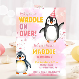 Girl Pink Penguin Winter Birthday Party Invitation