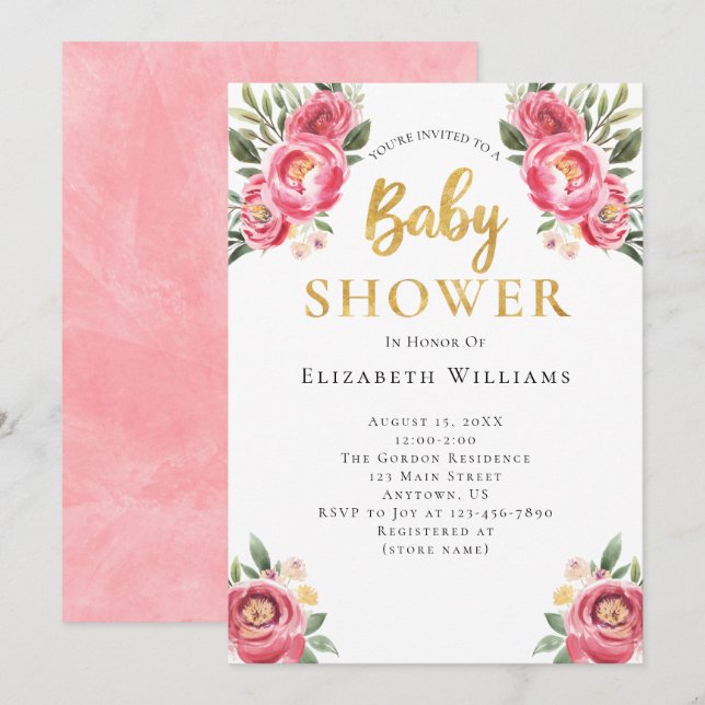 Girl Pink Peonies Watercolor Flowers Baby Shower Invitation (Front/Back)