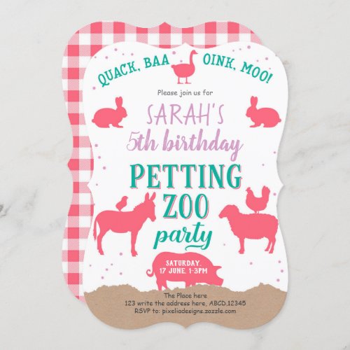 Girl Pink Petting Zoo Farm Animals Birthday Invitation