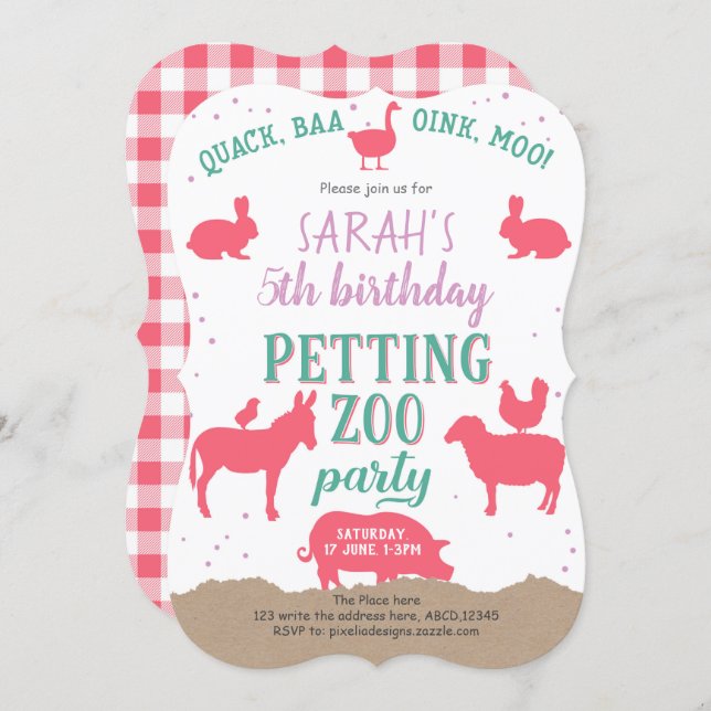 Girl, Pink, Petting Zoo, Farm Animals, Birthday Invitation (Front/Back)