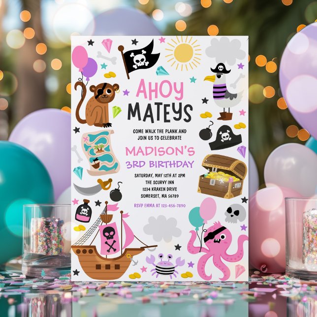 Girl Pink Pirate Ship Treasure Birthday Party Invitation (Creator Uploaded)