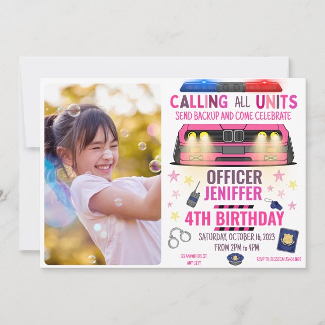 Girl Pink Police Officer Police Birthday Invitation (Front)