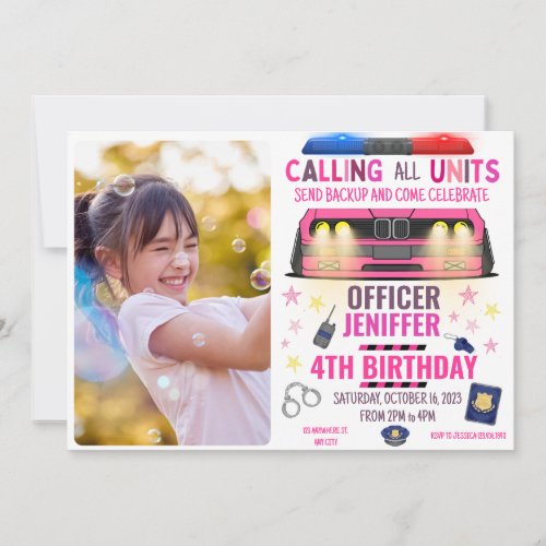 Girl Pink Police Officer Police Birthday Invitation