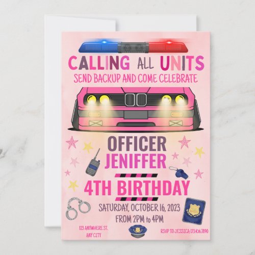 Girl Pink Police Officer Police Birthday Invitation