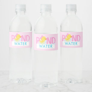 Girl Pink Pond Water Watercolor Rubber Duck Water Bottle Label