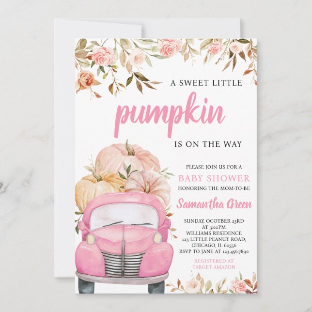 Girl Pink Pumpkin Truck Baby Shower Invitation (Front)