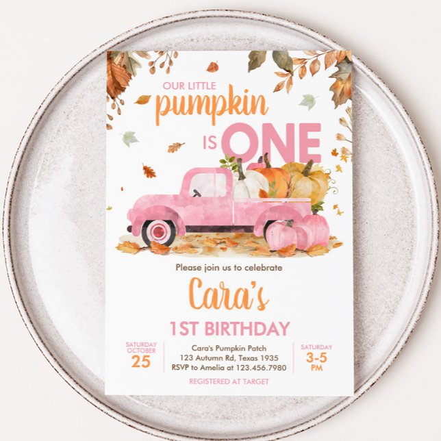 Girl Pink Pumpkin Truck Fall Birthday  Invitation (Pink Pumpkin Truck Fall Birthday Invitation)