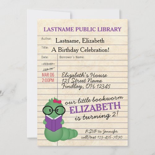 Girl PinkPurple Bookworm Birthday Party Invitation