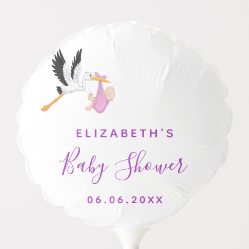 Girl pink purple cute stork elegant baby shower balloon