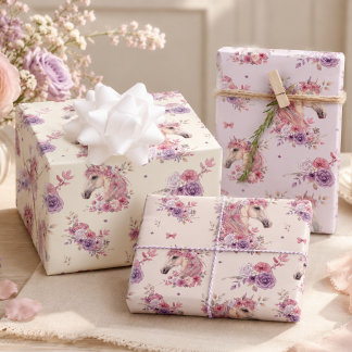 Girl Pink Purple Pony Pastel Floral Wrapping Paper Sheets