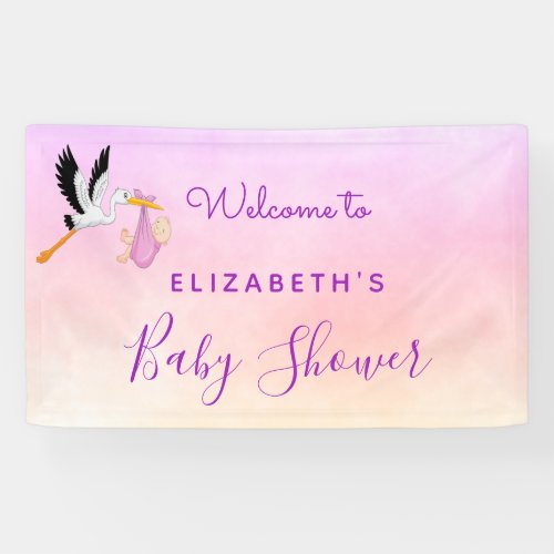 Girl pink purple rose gold cute stork baby shower banner