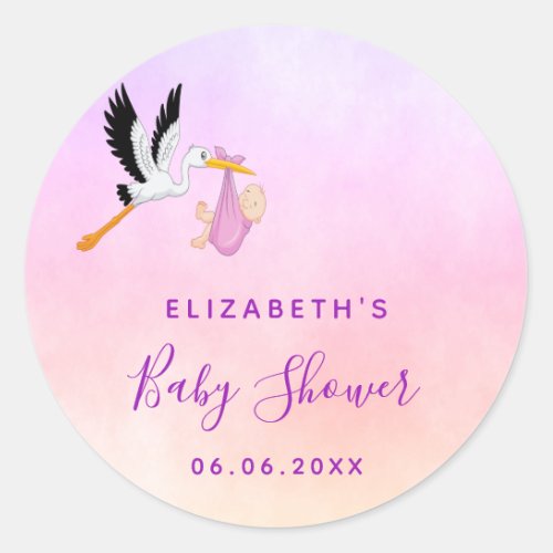 Girl pink purple rose gold cute stork baby shower classic round sticker