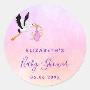 Girl pink purple rose gold cute stork baby shower classic round sticker