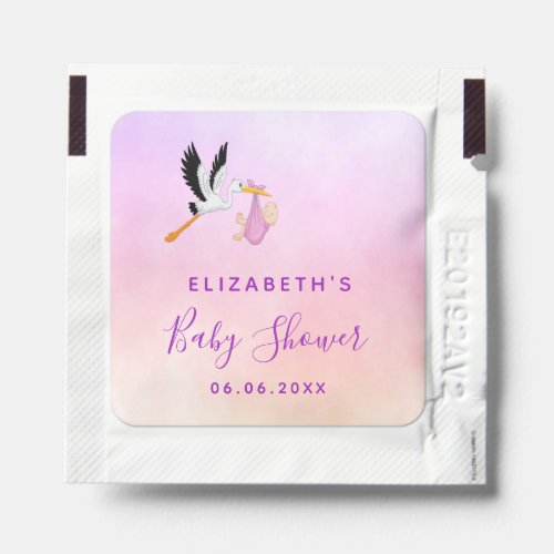 Girl pink purple rose gold cute stork baby shower hand sanitizer packet
