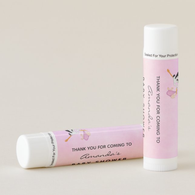 Girl pink purple rose gold cute stork baby shower lip balm (Front)