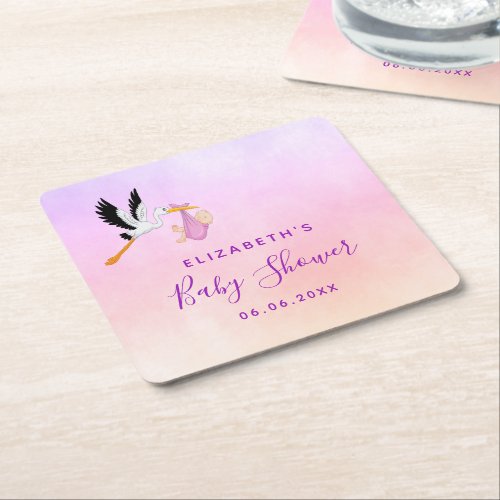 Girl pink purple rose gold cute stork baby shower square paper coaster