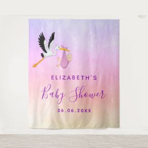 Girl pink purple rose gold cute stork baby shower tapestry