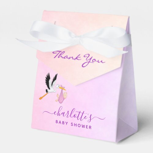 Girl pink purple rose gold stork baby shower favor boxes