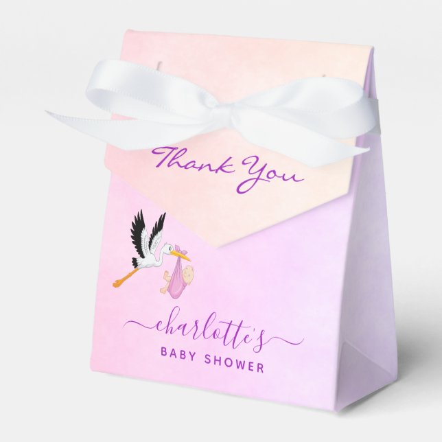 Girl pink purple rose gold stork baby shower favor boxes (Front Side)