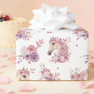 Girl Pink Purple Whimsical Pony Floral Wrapping Paper