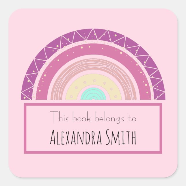 Girl pink rainbow This Book Belongs Name Square Sticker (Front)