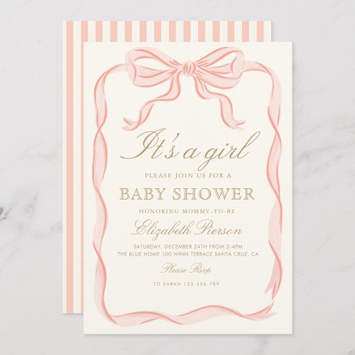 Girl Pink Ribbon elegant Minimalist Baby Shower Invitation