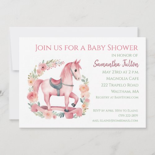 Girl Pink Rocking Horse Baby Shower Invitation 