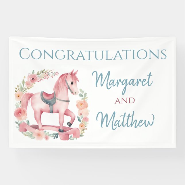 Girl Pink Rocking Horse Baby Shower Party Banner (Horizontal)