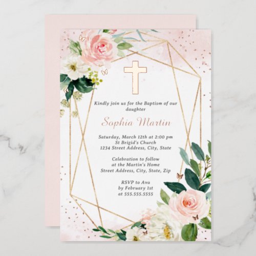 Girl Pink Rose Gold Cross Floral Baptism  Foil Invitation