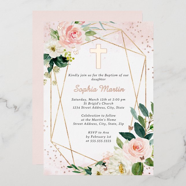 Girl Pink Rose Gold Cross Floral Baptism  Foil Invitation (Front/Back)